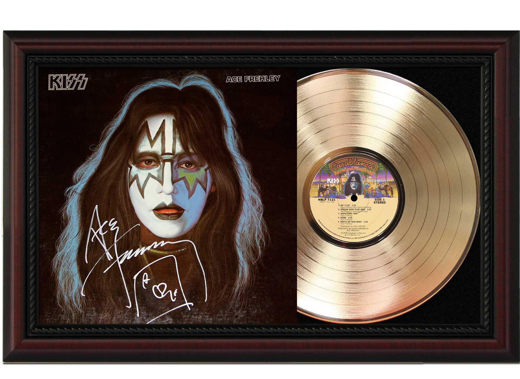 Ace Frehley Cherry Wood Gold LP Record Reproduction Signature