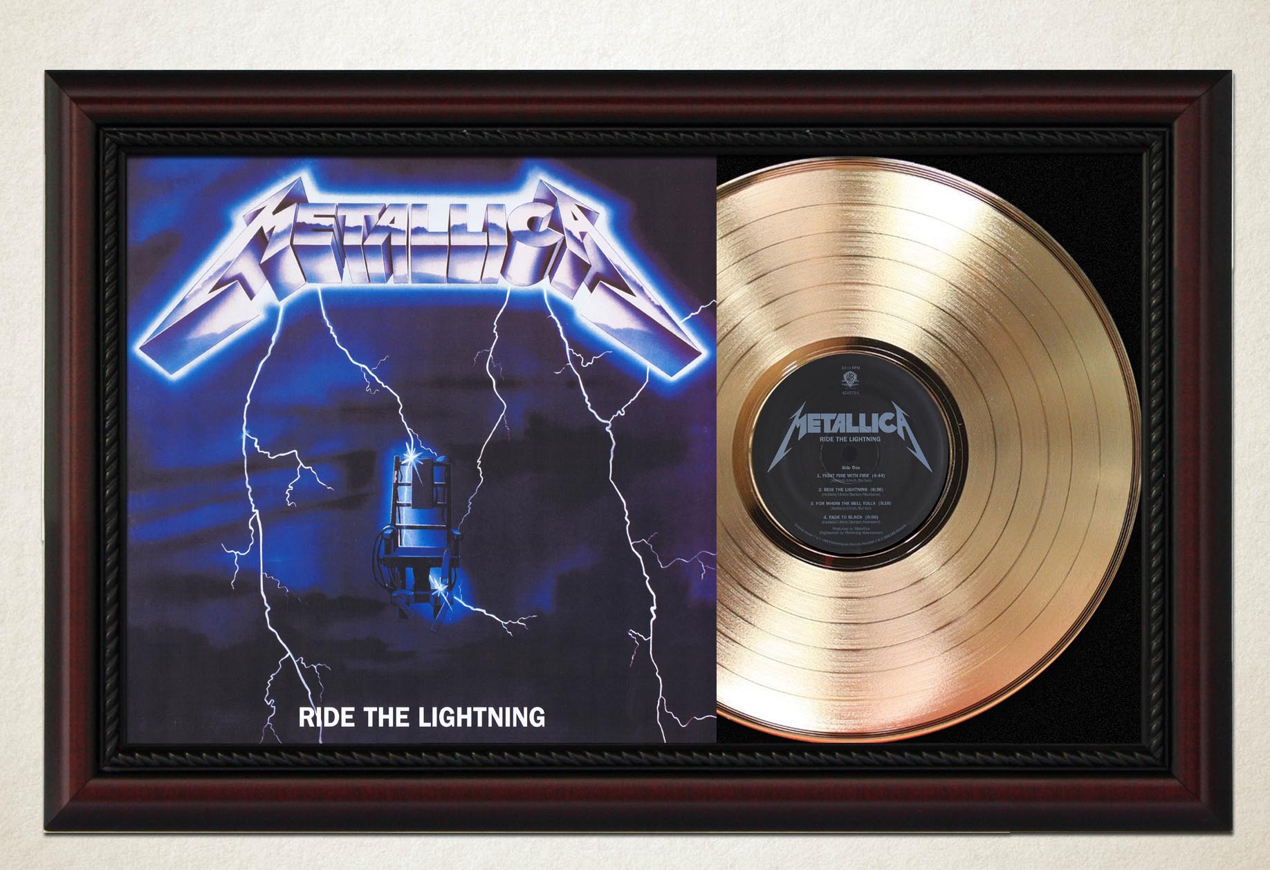 Metallica - Ride the Lightning Doubt Cherry Wood Gold LP Record Sleeve  Display M4 - Gold Record Outlet Album and Disc Collectible Memorabilia