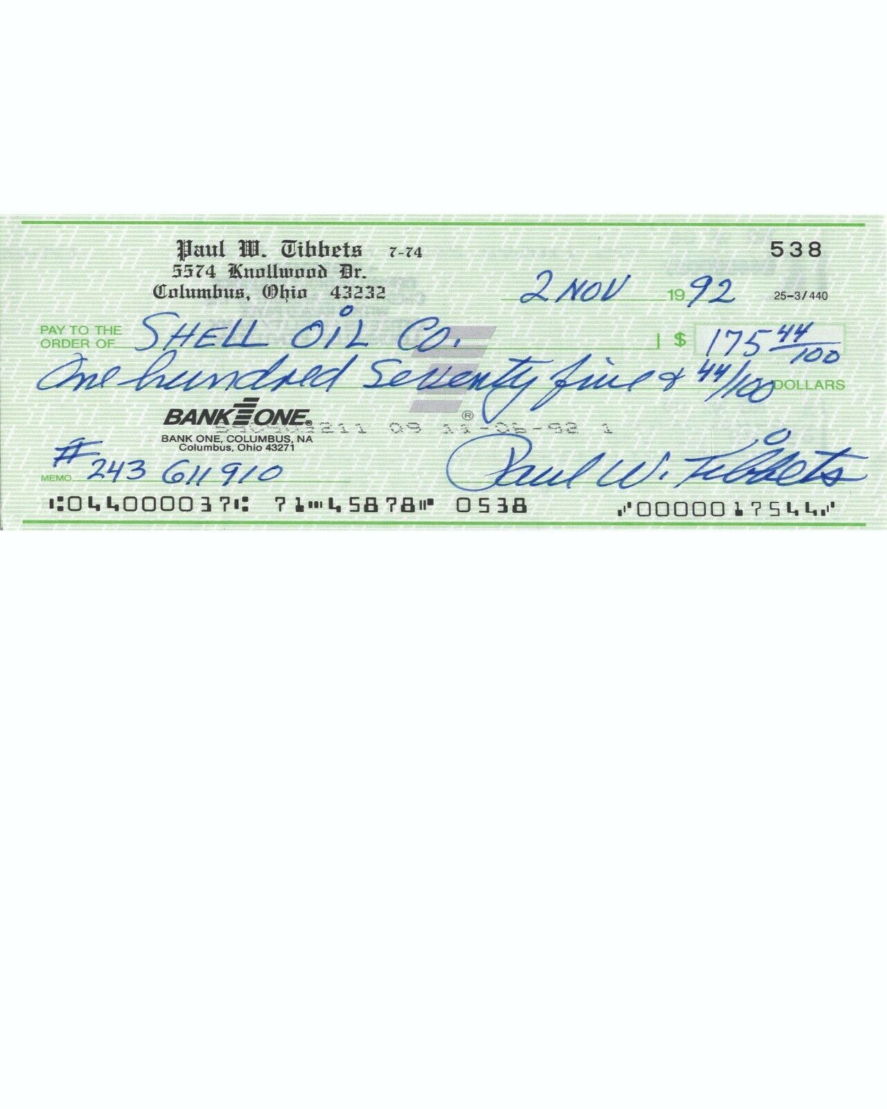 Paul Tibbets Reproduction Cancelled Check and 8 x 10 Photo 