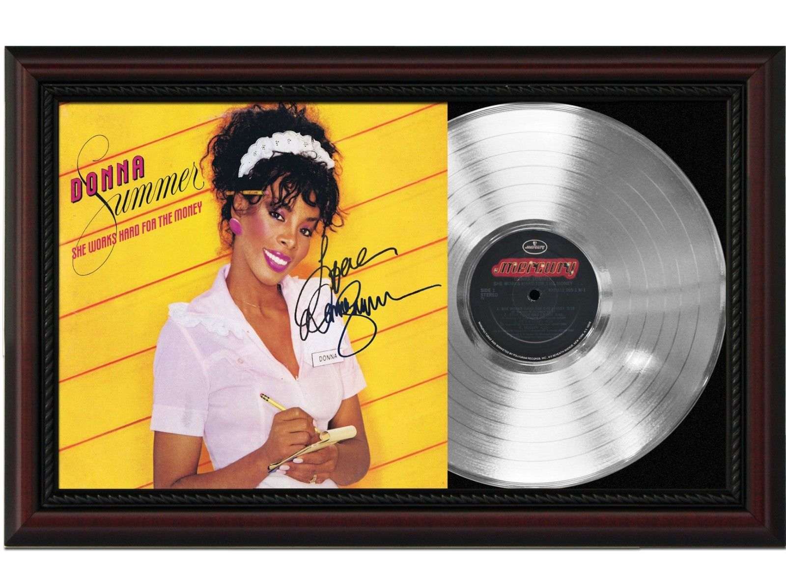 Donna Summer She Works Hard Cherrywood Framed Platinum LP Record Signature  Display M4