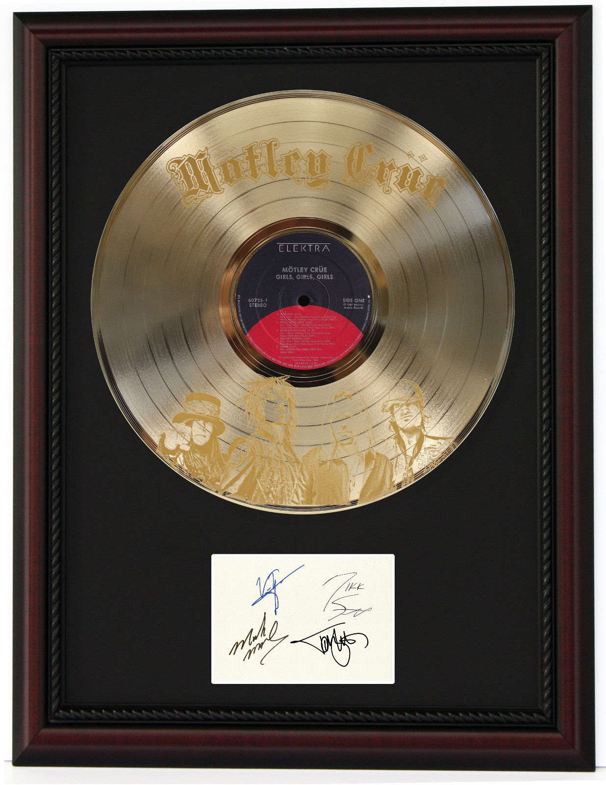 Motley Crue Cherrywood Framed Etched Gold LP Record Signature Display C3