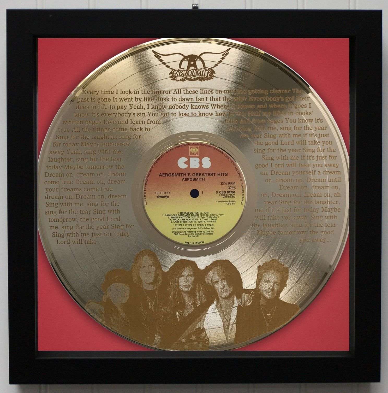 Aerosmith Gold 12" LP laser etched with "Dream On" Wall Art "M4"