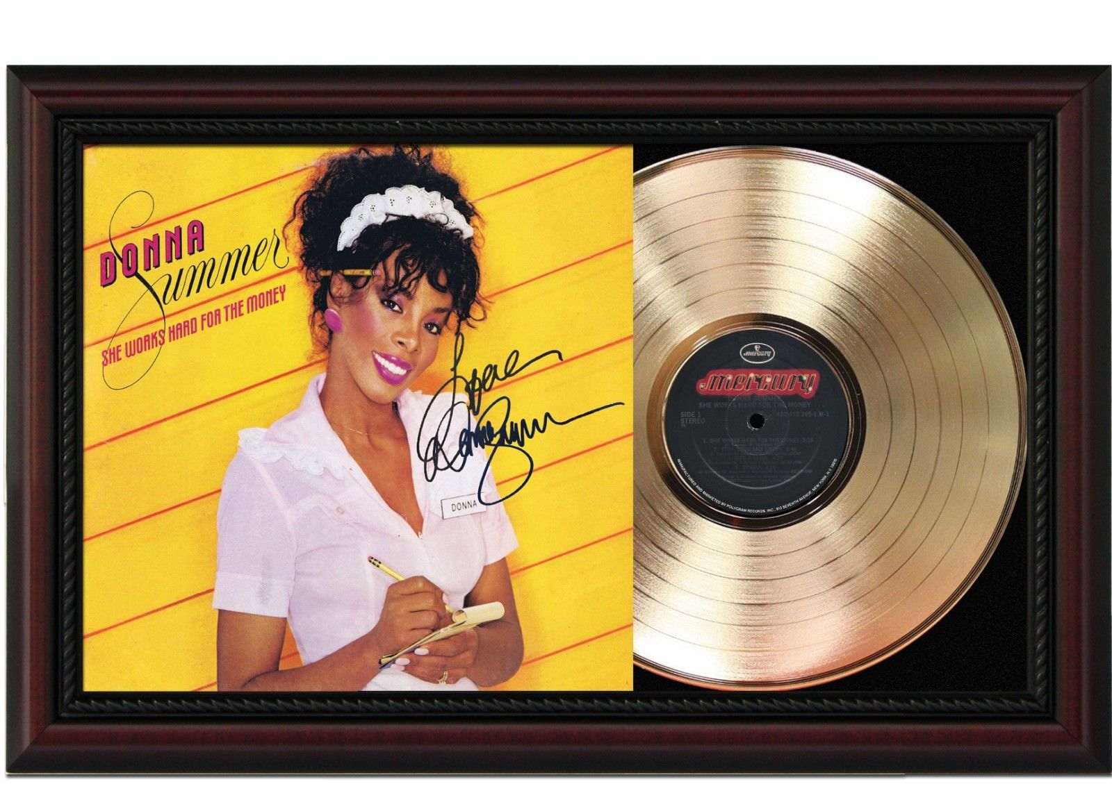 Donna Summer She Works Hard Cherry Wood Gold LP Record Framed Signature  Display M4