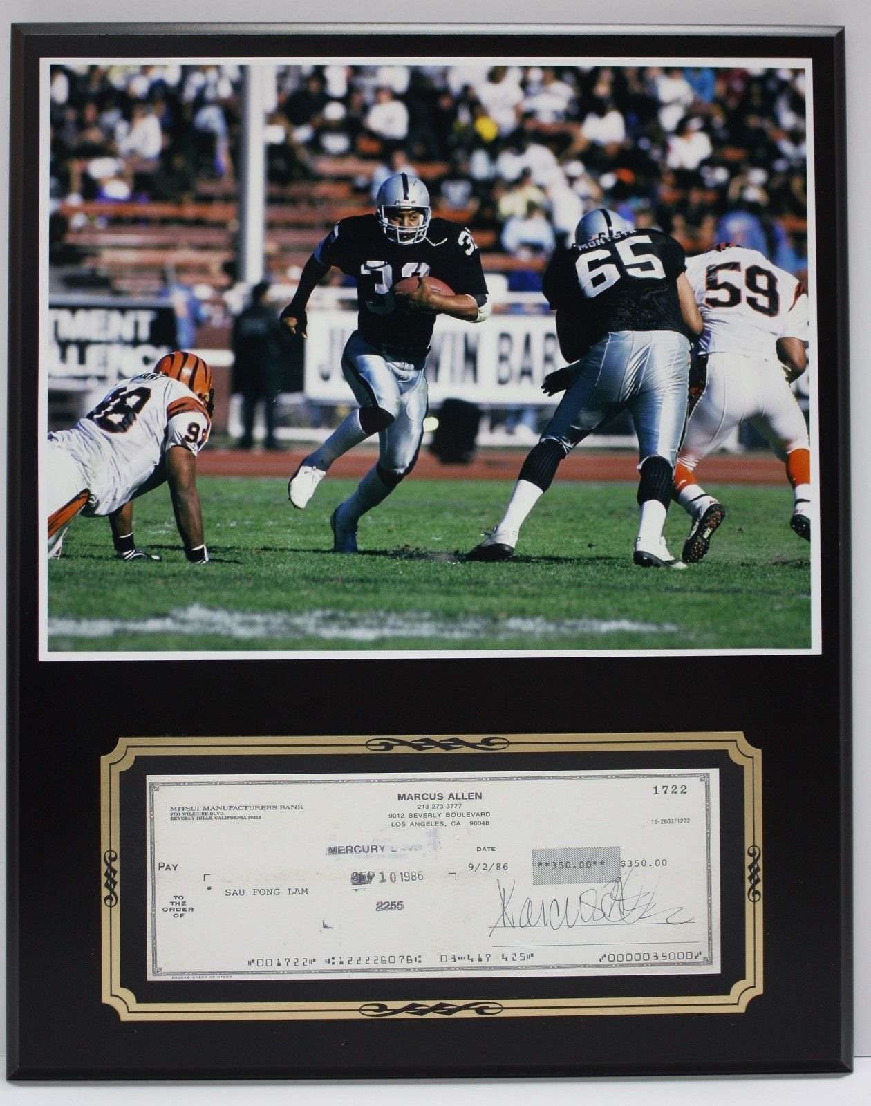 Marcus Allen Football Reproduction Signed Limited Edition Check Display -  Gold Record Outlet Album and Disc Collectible Memorabilia