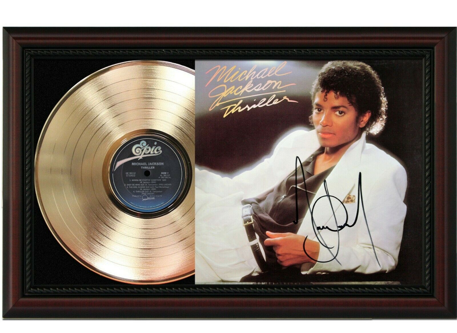 Michael Jackson Framed Cherry Wood Reproduction Signature LP Record